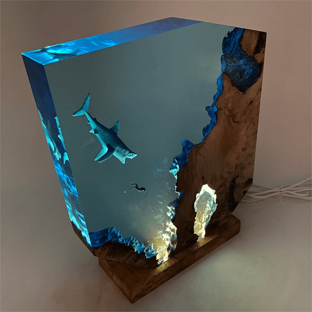 Sharks, divers, wood sculptures, epoxy resin lamp ( Best Gift 🎁 )